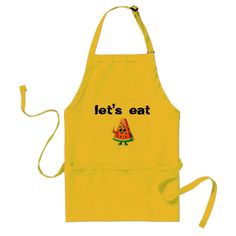 a yellow apron with the words let's eat and a slice of watermelon on it