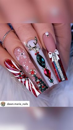 Crazy Christmas Nail Designs, Christmas Nails Extravagant, Christmas Nails Boujee, Bling Holiday Nails, Christmas Nails Xl, Christmas Nails Extra, Reindeer Nails Designs, Dope Christmas Nails, Christmas Bling Nails