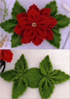 crocheted poinsettis with green leaves and red flowers