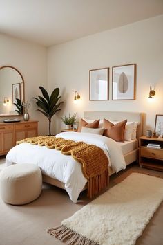 a bedroom with a large bed and two mirrors