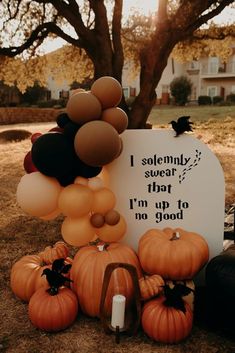 pumpkins and balloons are arranged in front of a sign that says i solemnly swear that i'm up to no good