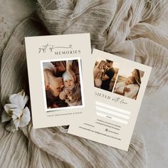 two photos are placed next to each other on top of a bed with white flowers