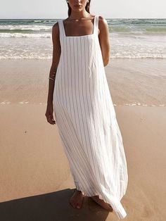 Embrace timeless style with our A-Line Loose Striped Square-Neck Maxi Dress. Crafted for comfort and sophistication, this dress features a relaxed A-line silhouette and a chic square neckline. The classic striped pattern adds a touch of flair, making it perfect for both casual outings and special occasions. Elevate your wardrobe with this effortlessly elegant maxi dress. White V-neck Maxi Dress For Beach Season, White Casual Dresses For Beach Season, White Summer Maxi Dress For A Day Out, White Maxi Dress For Summer Day Out, Casual White Maxi Dress For Brunch, Casual White Maxi Dress For Day Out, Casual White Summer Maxi Dress, Chic White Maxi Dress For Summer, Chic White Summer Maxi Dress