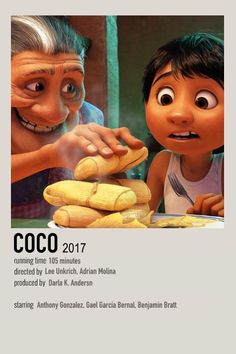 an advertisement for the coco movie with two children eating bread and looking at each other