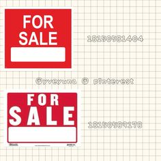 two red for sale signs sitting next to each other on top of a piece of paper