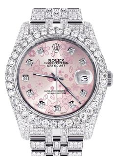 -Rolex Datejust -36 MM Case -Stainless Steel -Custom Pink Floral Diamond Dial -Custom Diamond Jubilee Band -5 Year Warranty -Guaranteed Authentic -Original Rolex Automatic Movement -Original Rolex Case -VS Quality Diamonds -3.5 Carat Diamond Bezel -13 Carats of Diamonds on Band -Complete with Box And Certificate of Authenticity Xo Jewelry, Mens Diamond Bracelet, Chanel Watch, Expensive Jewelry Luxury, Gold Watches Women, Silver Chain For Men, 2024 Style, Mens Gold Rings, Gold Chain With Pendant