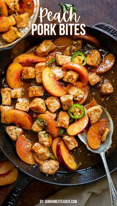 A black skillet has peaches, pork bites, and jalapeños in it. There is a silver spoon in the skillet next to the pork bites, and a small plate next to the skillet. Peach Jalepeno Recipes, Pork With Peaches, Pork And Peaches Recipes, Pork Peaches Recipe, Pork Empanadas, Peach Glaze, Glazed Peaches, Pork Bites, Leftover Pork