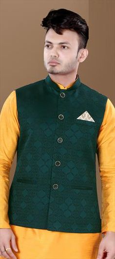 Green color Nehru Jacket in Jacquard fabric with Weaving work Luxury Green Embroidered Nehru Jacket, Wedding Green, Nehru Jacket, Nehru Jackets, Jacquard Fabric, Green Color, Green Colors, Party Wear, Weaving