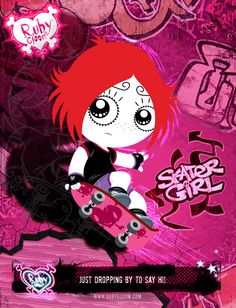 a girl with red hair riding a skateboard in front of graffiti wallpapers