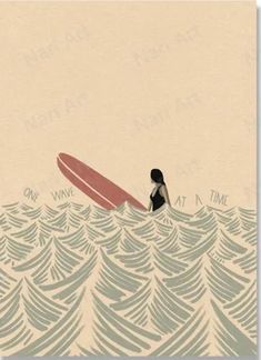 a woman sitting on top of a red surfboard in the middle of a wave