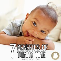 a baby laying on top of a bed with the words 7 benefits of tummy time