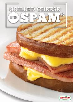 a grilled cheese and ham sandwich on a plate with the words spam over it