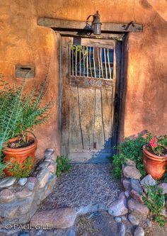 an adobe building with potted plants and a wooden door