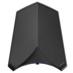 the back side of a black speaker with blue trims and an angled, triangular design