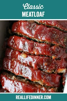 meatloaf recipe with text overlay that reads classic meatloaf