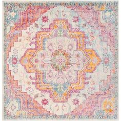 a colorful rug with an ornate design on the front and back side, in pastel colors