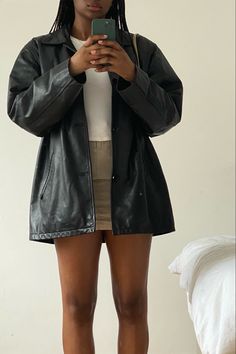 Tan Pleated Skirt Outfit, Tan Mini Skirt Outfit, 90s Leather Jacket Outfit, Tan Leather Jacket Outfit, Leather Jacket Outfit Aesthetic, Tan Skirt Outfit, Tan Skirt Outfits, 90s Leather Jacket, Stephen Sanchez