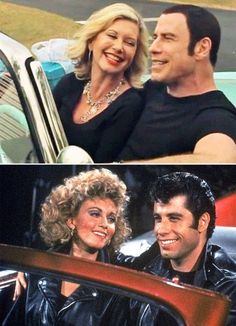 the actors are smiling and sitting in their convertible car, then looking at each other