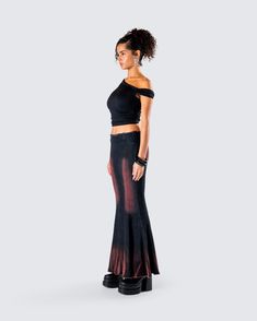 Serve some subtle sultry glamor in this fit 🖤 With a little edge, this two-piece set, pairing a black asymmetrical top with a black washed maxi skirt, will have them hooked ⛓️‍ Black Cropped Bottoms For Evening, Fitted Asymmetrical Maxi Dress For Night Out, Black Asymmetrical Maxi Skirt For Summer, Black Maxi Length Bottoms For Night Out, Black Maxi Bottoms For Night Out, Asymmetrical Tops, Cargo Pant, A Black, Maxi Skirt