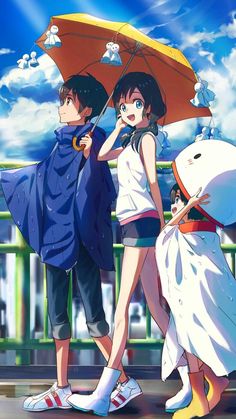 two people standing under an umbrella in front of a blue and white sky with clouds