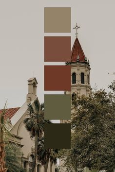 an old church with a steeple in the background and color swatches over it