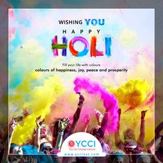 people are celebrating holi with colored powders on their faces and hands in front of the words, wishing you happy holi