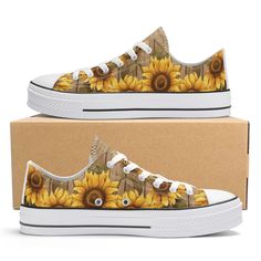 Welcome to our Store! Your business is always appreciated! ♥ Embrace the warmth of summer and the freshness of spring with our women's low top canvas sneakers adorned with a captivating all-over sunflower design. Ideal for nature enthusiasts and flower lovers alike, these sneakers bring the beauty of the countryside to your feet. With vibrant, full-color sunflowers set against a charming wood wall background, these shoes exude appeal and charm. Additionally, the complementary matching tongue fea Floral Print Canvas Shoes For Summer, Yellow Summer Sneakers, White Floral Print Canvas Shoes For Summer, Comfortable Low-top Canvas Shoes For Summer, Casual Summer Floral Print Canvas Shoes, Comfortable Yellow Sneakers For Spring, Spring Yellow Canvas Shoes With Rubber Sole, Wood Wall Background, Countryside Garden