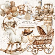 watercolor baby shower clipart set with teddy bear, horse, carriage and balloons