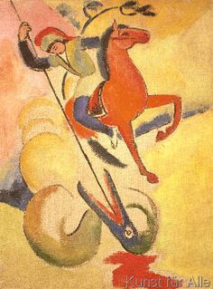 a painting of a man riding on the back of a horse with skis and poles