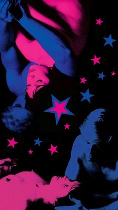 two people are standing in front of pink and blue stars on a black background, with one person touching the other's chest