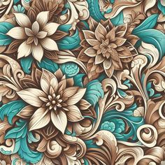 an intricate floral design with blue and brown flowers on it's sides, as well as