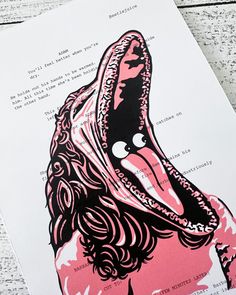 a pink and black print of a dog's head