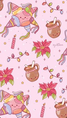 a pink wallpaper with different types of items on it, including candles and poinsettis