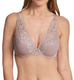 This demure underwire bra features stretch lace accentuating a plunge neckline. Fully adjustable straps can be worn crossed oron-shoulder to suit your style. Contour underwire cups are lightly padded to shape and support breasts. Mesh cup overlay has stretch lace sewn along top. Plunge neckline stays close to the body with elastic sewn along the inner edge. Bandless front is perfect for petites and women with shorter torsos. Wide triangle center panel. Super soft sides and back are 2-ply and hav Elegant V-neck Bra With Removable Pads, Elegant Lace V-neck Bra, Elegant V-neck Lace Bra, Bali Bras, Minimiser Bra, Lace Underwire, Short Torso, Soft Cup Bra, Plunge Neckline