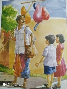 a painting of a man and two children holding hands