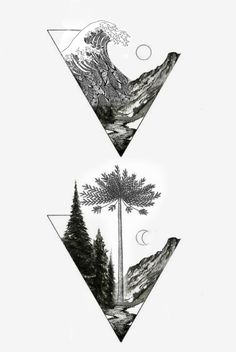 three triangles with trees and mountains in the middle one has a wave coming out of it