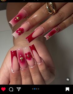 Nails Acrylic Trendy 2024, Romantic Nails Acrylic, Red Nail Inspo Square, Classy Nails Ombre, Nails Gold Charms, Red Nails Classy, Nails Acrylic Aesthetic, Nail Cover, Nails Flower