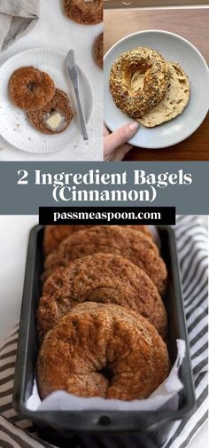 two ingredient bagels cinnamon are in the pan and on the table with other baked goods