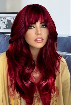 Dark Red To Light Red Hair, Red Hair Side Bangs, Bold Money Piece Hair Red, Long Layered Red Hair, Red Hair Pics, Red And Blonde Split Dye, Blood Red Hair Color, Red Hair For Cool Skin Tones, Red Hair Color With Highlights