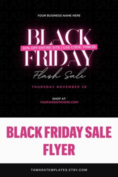 Elevate your Black Friday sale with a premium flyer template for your small business. A Black Friday flash sale flyer design crafted in Canva.

This business flyer, Instagram post includes 2 sizes and is your go-to solution for creating eye-catching promotional materials that captivate your audience and drive sales during the busiest shopping time of the year.

The vibrant pink neon text ensures your message stands out, making it impossible for customers to ignore your incredible deals. A user-friendly Canva template designed for small businesses looking to make a big impact.

Don't miss out on the opportunity to boost your business this Black Friday and Cyber Monday. Download this editable template and make it your own! Sale Flyer Design, Promotional Materials, Neon Design