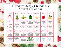 the random acts of kindness calendar with christmas decorations and ornaments around it on a white background