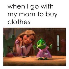 a woman sitting next to a frog on top of a table with caption that reads, when i go with my mom to buy clothes