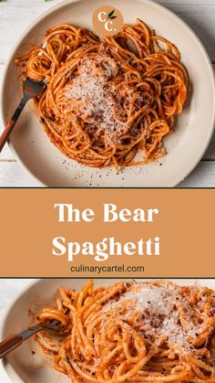 the bear spaghetti is served on a plate with parmesan cheese and tomato sauce