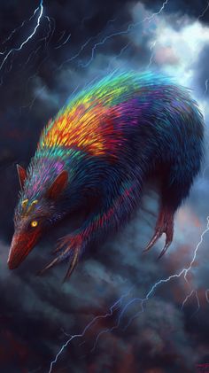 an animal that is in the air with lightning behind it