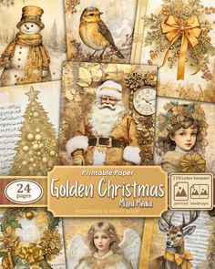 golden christmas digital paper pack with gold and white decorations, including an angel, snowman,