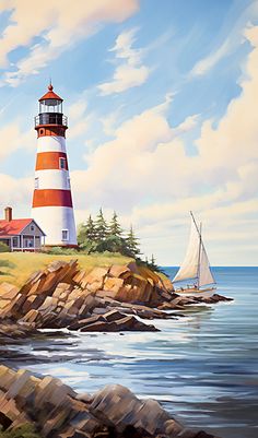 a painting of a lighthouse and sailboat on the water