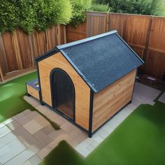 the dog house is made out of wood and has a black roof