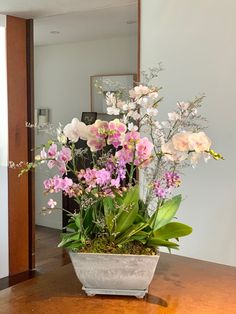 a potted plant with pink and white flowers on a table in front of a mirror