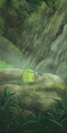 a cartoon character laying on top of a rock under a rain storm in the jungle