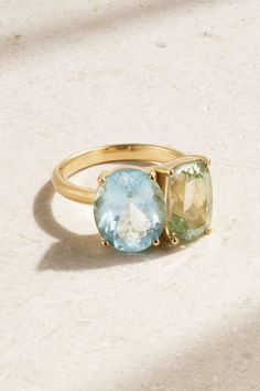 The two stones that adorn Irene Neuwirth's one-of-a-kind ring create a striking contrast. Crafted from 18-karat gold, it's set with an oval-cut aquamarine and an emerald-cut tourmaline. Match yours with other styles from the 'Gemmy Gem' collection. Aquamarine Stone Ring, Aquamarine Gold Ring, Irene Neuwirth Jewelry, Paraiba Tourmaline Ring, Gem Collection, Ring Inspo, Green Tourmaline Ring, Aquamarine Engagement Ring, Irene Neuwirth